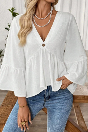Solid Color V-neck Ruffle Short Sleeve Shirt
