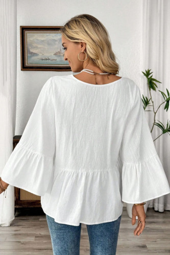 Solid Color V-neck Ruffle Short Sleeve Shirt