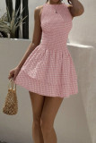 Grid Printed Sleeveless Waist Cinching Dress