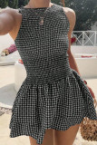 Grid Printed Sleeveless Waist Cinching Dress