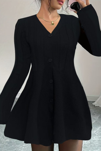 Black V-neck Long-sleeved Button Knit Dress