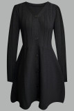 Black V-neck Long-sleeved Button Knit Dress