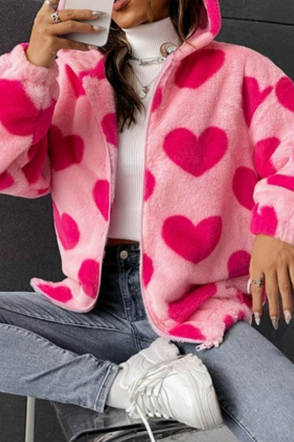 Plush Heart-shaped Printed Long Sleeved Cardigan