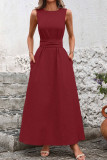 Solid Color Round Neck Cinched Sleeveless Dress