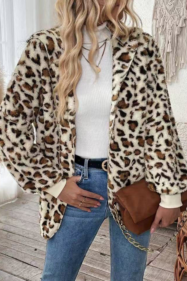 Double Sided Plush Leopard Print Cardigan Jacket