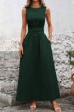 Solid Color Round Neck Cinched Sleeveless Dress