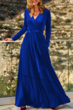 Velvet V-neck Waist Cinched Long Sleeved Dress