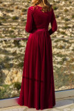 Velvet V-neck Waist Cinched Long Sleeved Dress