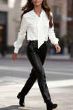 Solid Color Lace Up Satin Long Sleeved Shirt