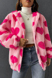 Plush Heart-shaped Printed Long Sleeved Cardigan