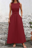 Solid Color Round Neck Cinched Sleeveless Dress