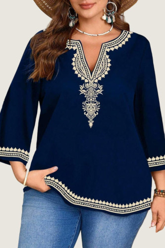V-neck Ethnic Style Printed Seven Quarter Sleeve Shirt