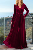 Velvet V-neck Waist Cinched Long Sleeved Dress