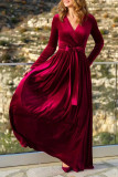 Velvet V-neck Waist Cinched Long Sleeved Dress