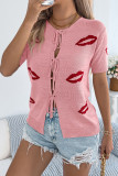 Red Lip Printed Short Sleeved Cardigan Sweater