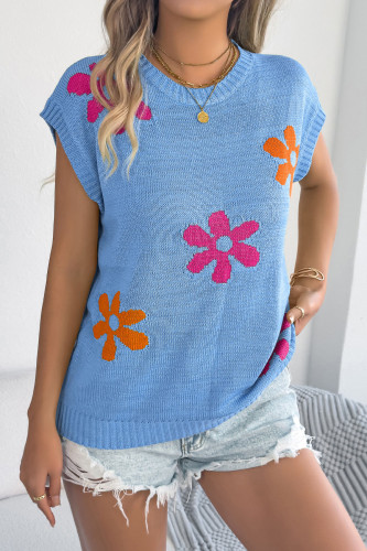 Flower Printed Bat Short Sleeved Knitted Sweater