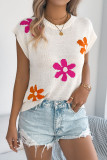 Flower Printed Bat Short Sleeved Knitted Sweater