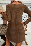 Imitation Denim Printed Long Sleeved Zipper Dress