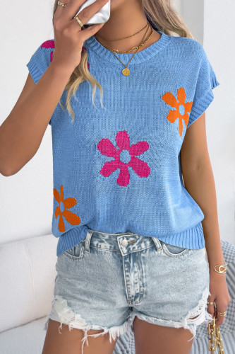 Flower Printed Bat Short Sleeved Knitted Sweater