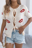 Red Lip Printed Short Sleeved Cardigan Sweater