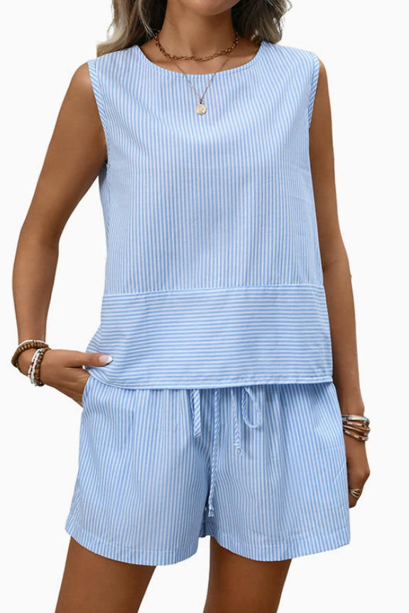 Striped Printed Sleeveless Vest Shorts Two-piece Set