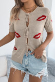 Red Lip Printed Short Sleeved Cardigan Sweater
