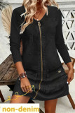Imitation Denim Printed Long Sleeved Zipper Dress