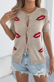 Red Lip Printed Short Sleeved Cardigan Sweater