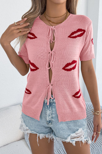 Red Lip Printed Short Sleeved Cardigan Sweater