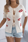 Red Lip Printed Short Sleeved Cardigan Sweater