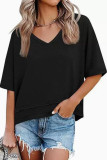 Solid Color V-neck Short Sleeved T-shirt