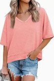 Solid Color V-neck Short Sleeved T-shirt