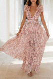 Deep V-Neck Ruffled Backless Floral Dress
