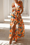 Deep V-Neck Ruffled Backless Floral Dress