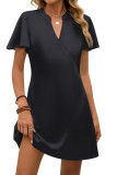 V-neck Solid Color Satin Ruffle Short Sleeve Dress