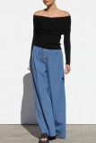 Thin Elastic Waist Cowboy Wide Leg Pants
