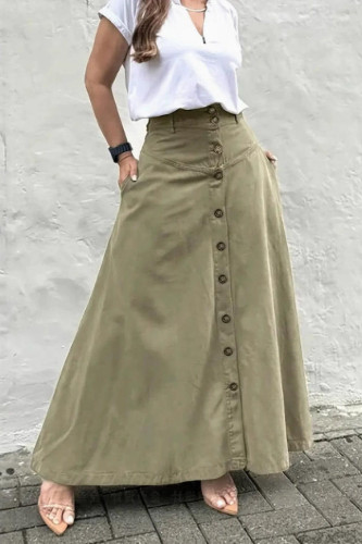 High Waisted Solid Color Button Pocket Skirt