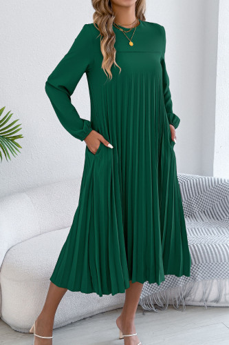 Solid Color Long Sleeved Pleated Dress
