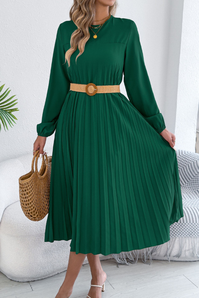 Solid Color Long Sleeved Pleated Dress