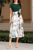 Flower Print Waist Cinching Short Sleeved Dress