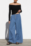 Thin Elastic Waist Cowboy Wide Leg Pants