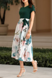Flower Print Waist Cinching Short Sleeved Dress