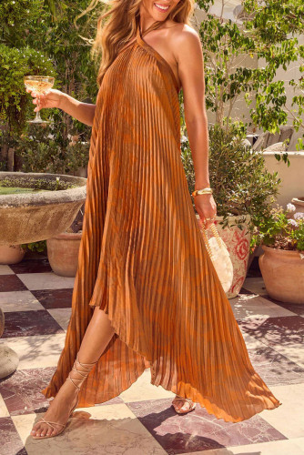 Solid Color Neck Hanging Sleeveless Pleated Dress