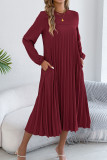 Solid Color Long Sleeved Pleated Dress