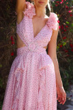 Deep V-Neck Ruffled Backless Floral Dress