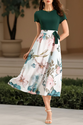 Flower Print Waist Cinching Short Sleeved Dress