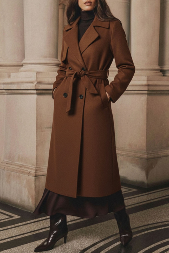 Solid Color Lapel Long Sleeved Woolen Coat Jacket