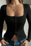Square Collar Button Up Long Sleeved T-shirt