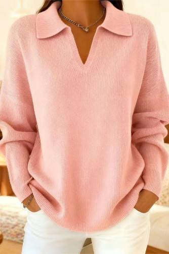 V-neck Solid Color Long Sleeved Knitted Sweater