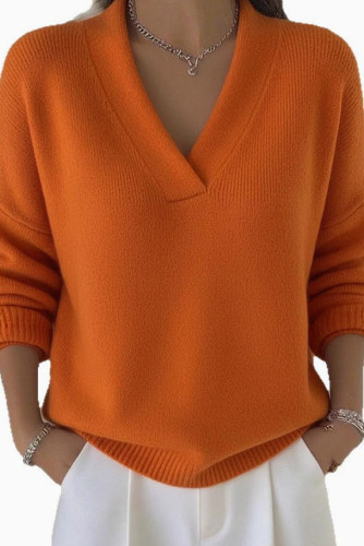 Large Size Long Sleeved Knitted V-neck Sweater